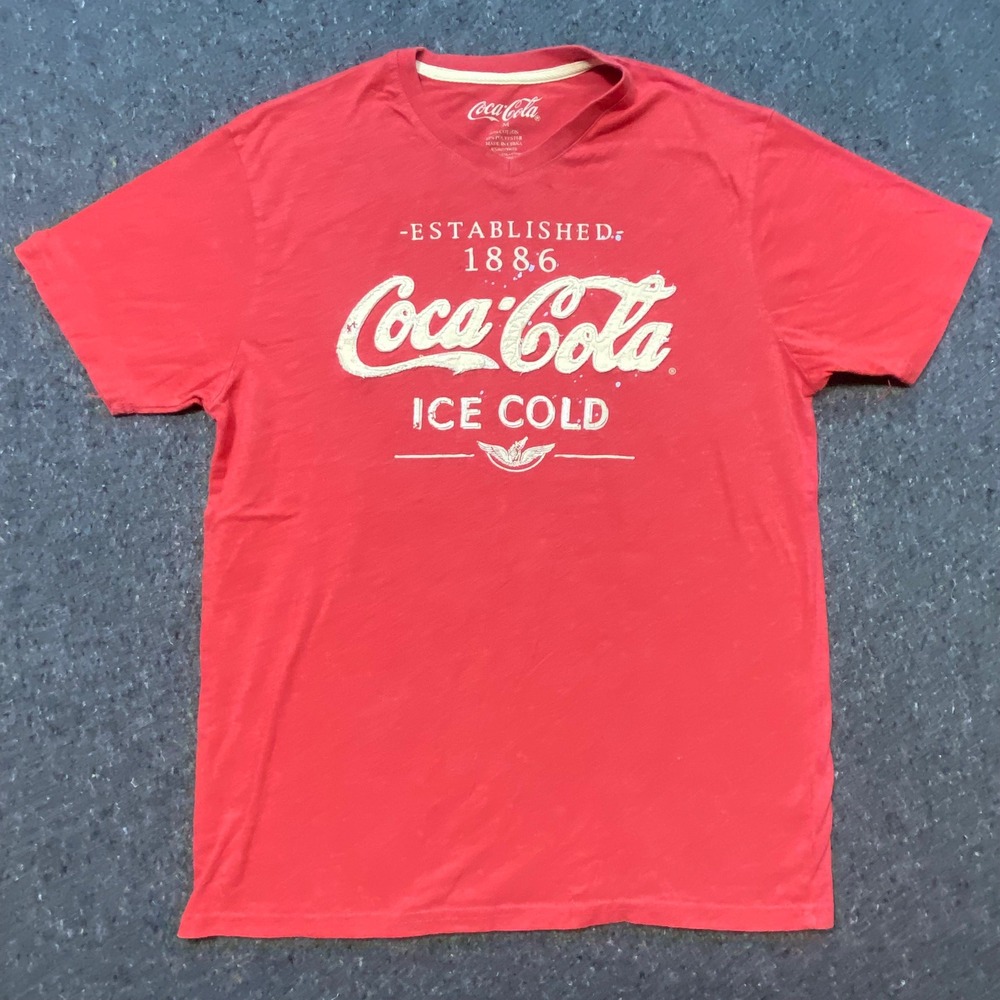 Coca-Cola T Shirt Medium M Mens Red Retro Ice Cold Graphic V Neck Tee